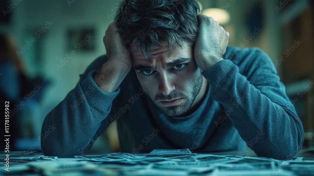 Stressed man sitting at a table covered in money while feeling overwhelmed in a dimly lit room. Generative AI Stressed man sitting at a table covered in money while feeling overwhelmed in a dimly lit room. Generative AI