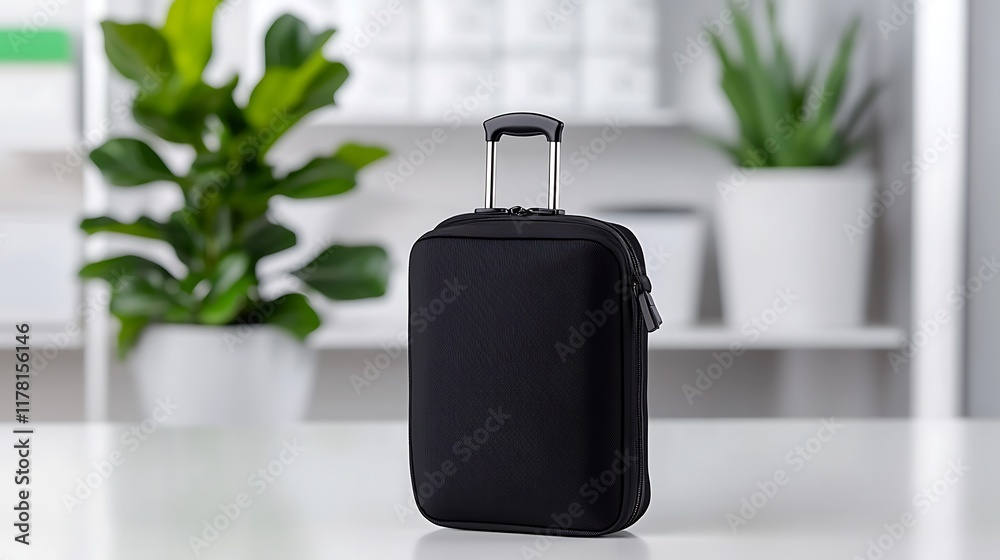 Black carry-on suitcase on a white table, plants in background. Black carry-on suitcase on a white table, plants in background.