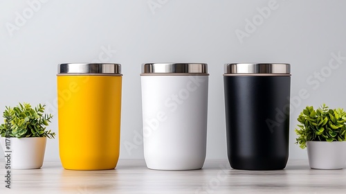 Three insulated coffee tumblers in yellow, white, and black, on a table with small plants.