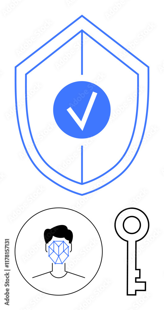 Shield icon with checkmark, outlined user face with facial recognition grid, and key symbol. Ideal for cybersecurity, privacy, biometric tech, access control, identity verification, software Shield icon with checkmark, outlined user face with facial recognition grid, and key symbol. Ideal for cybersecurity, privacy, biometric tech, access control, identity verification, software
