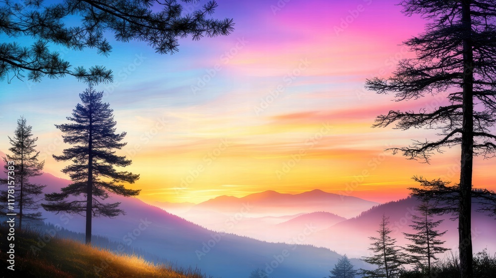 Fototapeta premium A peaceful scene of a sunrise in the mountains, with tall trees framing the view and vibrant colors in the sky.