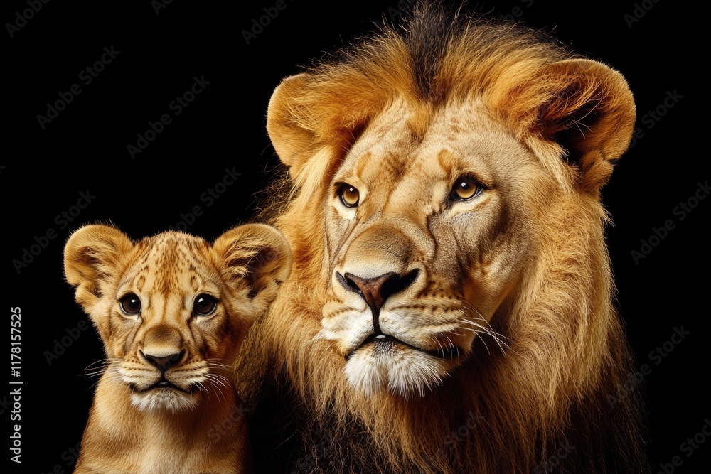 Two majestic lions standing side by side Two majestic lions standing side by side