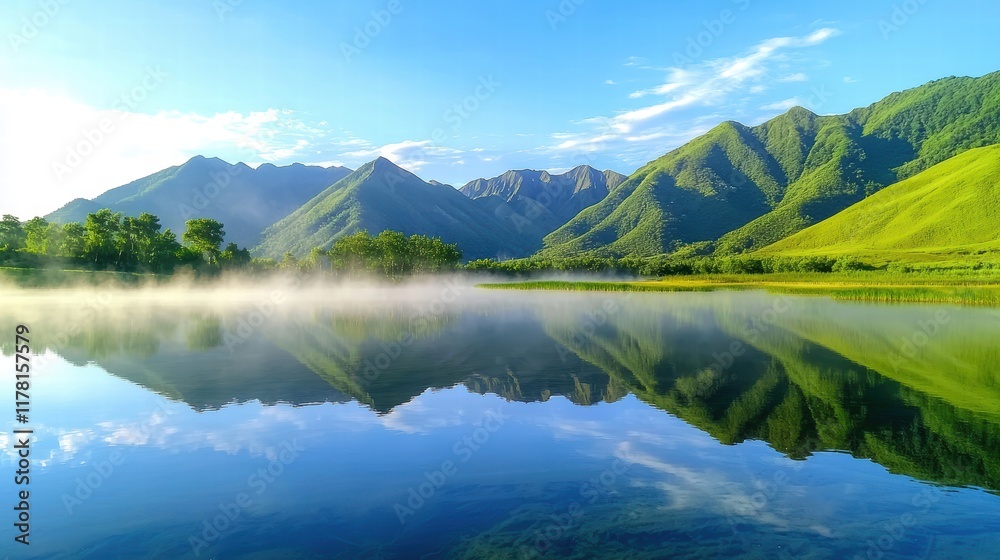 Naklejka premium A peaceful view of green mountains reflected in a crystal-clear lake, with mist gently rising in the early morning.