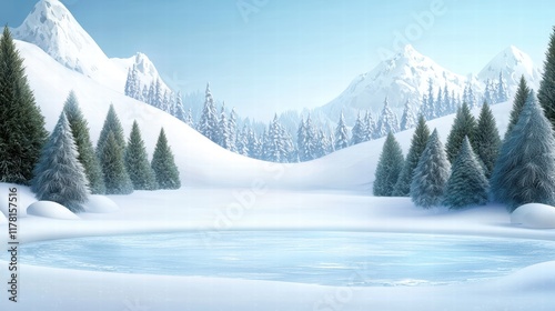 A peaceful snow mountain scene with a frozen lake in the foreground and dense evergreen trees dotting the slopes.