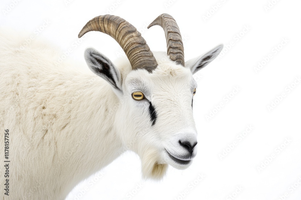 A goat stands in a snowy field, its large horns prominent A goat stands in a snowy field, its large horns prominent