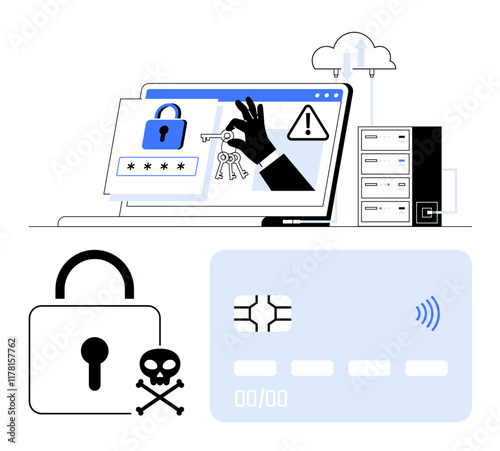Laptop with hacking visuals, credit card with lock, warning icons, server stack, and cloud. Ideal for cybercrime awareness, data security, fraud prevention, encryption cloud security hacker