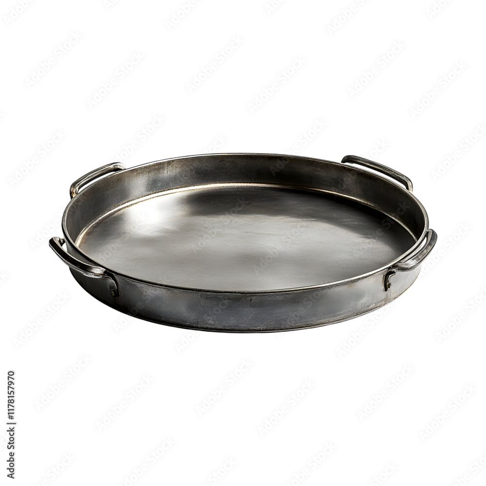 Large Round Silver Metal Tray with Handles Isolated on Transparent Background Large Round Silver Metal Tray with Handles Isolated on Transparent Background