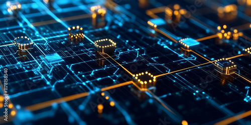 Futuristic circuit board with glowing blue and gold connections, Abstract technology background of microchips  
