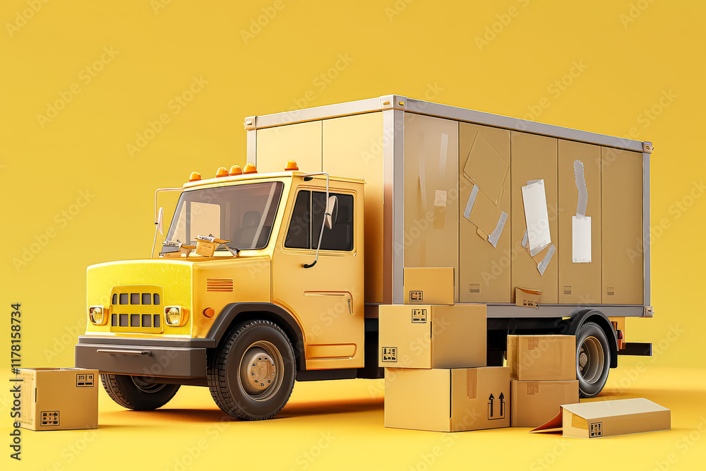 Yellow truck is parked in front of a stack of cardboard boxes. Yellow truck is parked in front of a stack of cardboard boxes.