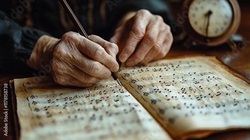 Elderly Hands Carefully Notating Music Scores photo