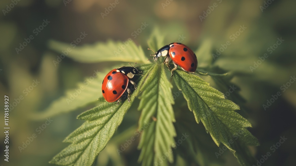 Two ladybug insects sit on the surface of a green leaf Two ladybug insects sit on the surface of a green leaf