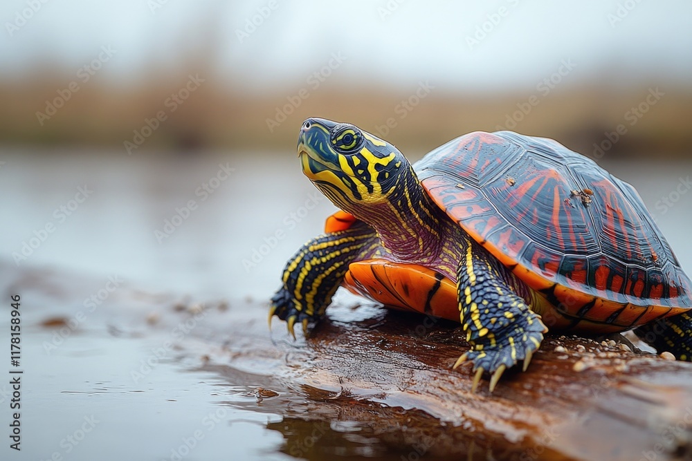 Obraz premium A turtle perched on top of a log floating in the water, great for illustrations about nature and wildlife