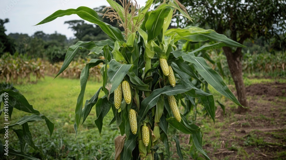 A field with tall corn stalks swaying in the wind, suitable for farm or agriculture use