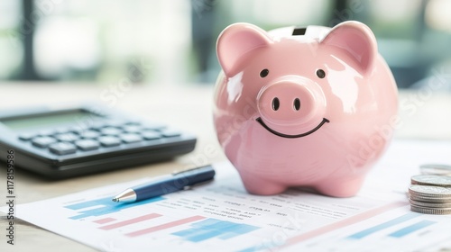 On a desk, a calculator and piggy bank are surrounded by financial papers, symbolizing strategic planning and savings for a successful Roth IRA conversion. photo