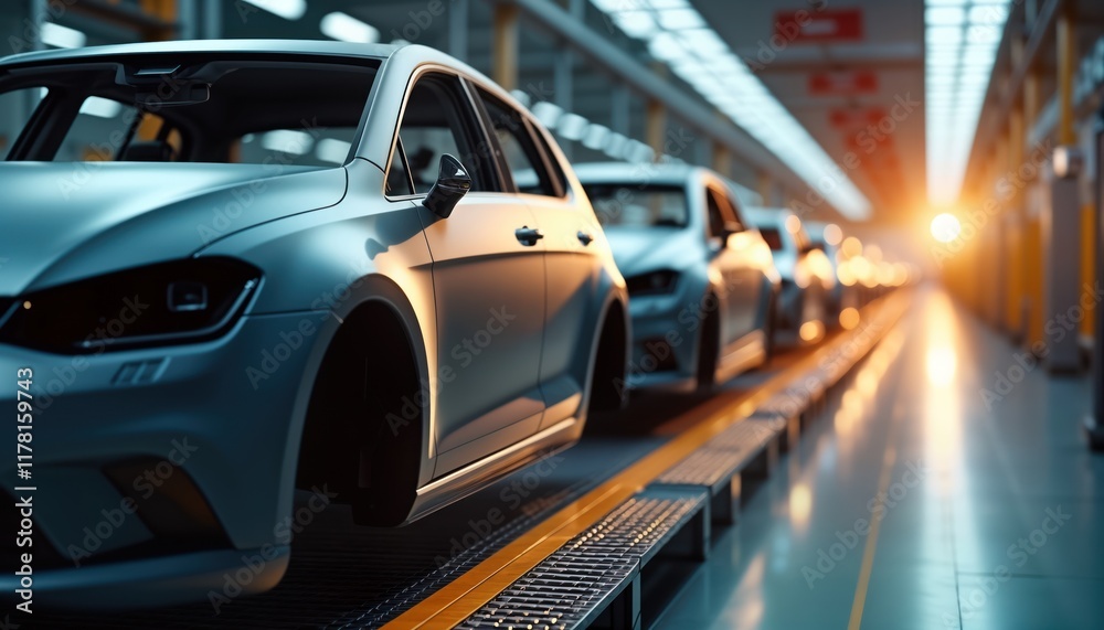 Fototapeta premium Unfinished car bodies move along modern assembly line in factory. Automated system transports vehicles through production process. Vehicles in various stages of construction. Industrial setting
