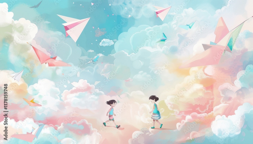 Fototapeta premium Pastel Cloudscape, Children playing amidst paper airplanes in a dreamy, colorful sky.