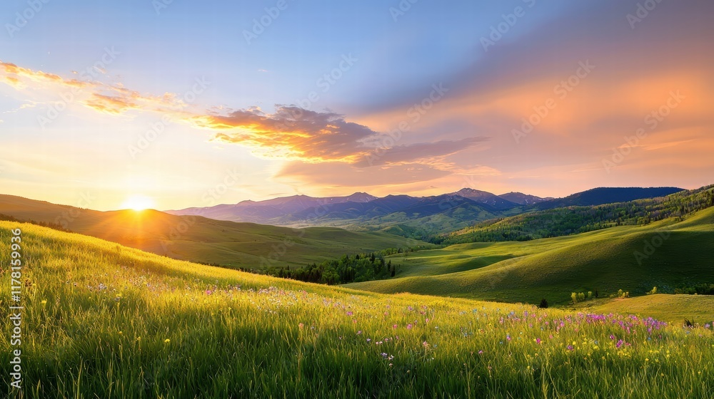 Fototapeta premium A serene mountain backdrop featuring rolling green hills, scattered wildflowers, and a vibrant sunset painting the sky.