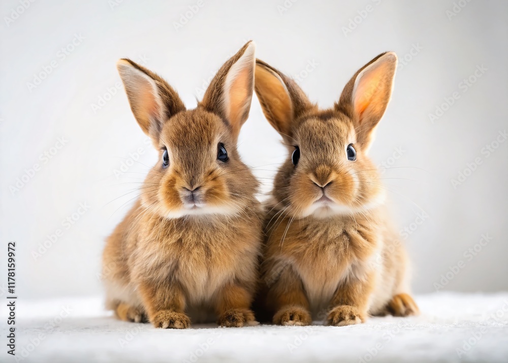 Fototapeta premium Surreal Dreamy Brown Bunnies on White Background - Whimsical Stock Photo