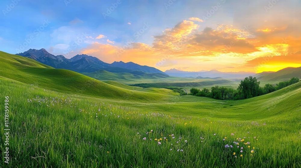 A serene mountain backdrop featuring rolling green hills, scattered wildflowers, and a vibrant sunset painting the sky. A serene mountain backdrop featuring rolling green hills, scattered wildflowers, and a vibrant sunset painting the sky.