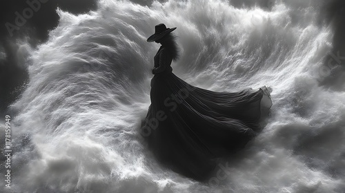 Woman in Elegant Gown Stands Amidst a Turbulent Wave
