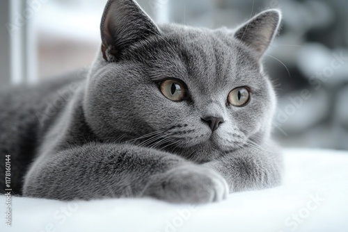 A domesticated gray cat is relaxing on a bed, possibly after waking up from a nap