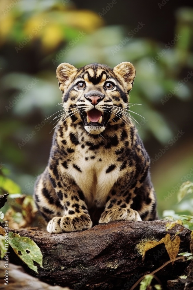 Naklejka premium A close-up view of a leopard's face and neck as it sits on a log, with a rugged natural background