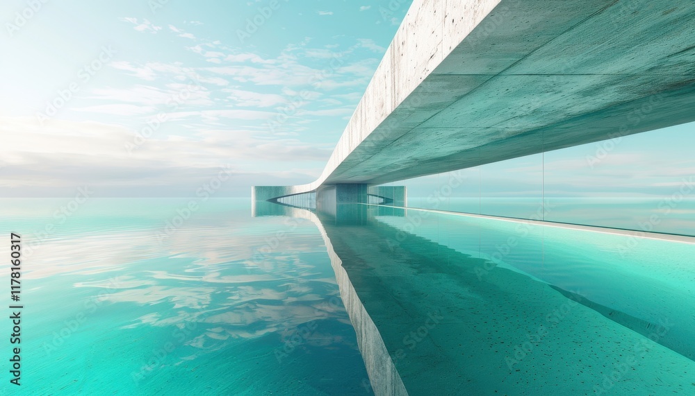 Obraz premium Serene Concrete Minimalism, Crystal-clear turquoise water mirrors a pristine sky in this photorealistic architectural rendering.