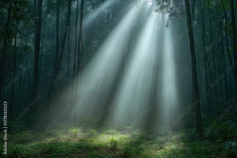 Fototapeta premium Sunlight filters through trees in a serene forest setting during early morning hours. Generative AI