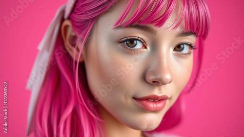 Close-Up Portrait of a Young Woman with Bright Pink Hair Against a Vibrant Pink Background