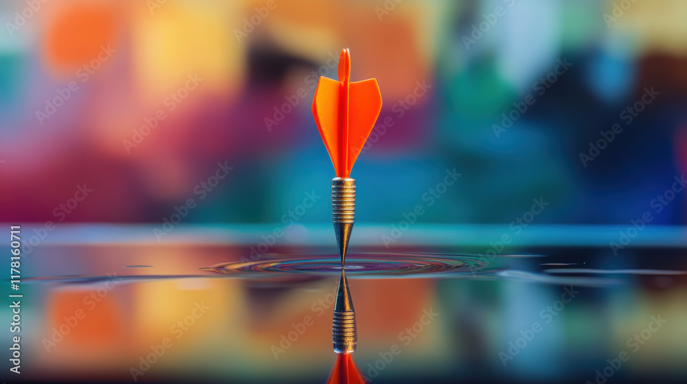 single orange dart stands upright on reflective glass table, creating mesmerizing ripple effect. vibrant background adds depth and intrigue single orange dart stands upright on reflective glass table, creating mesmerizing ripple effect. vibrant background adds depth and intrigue