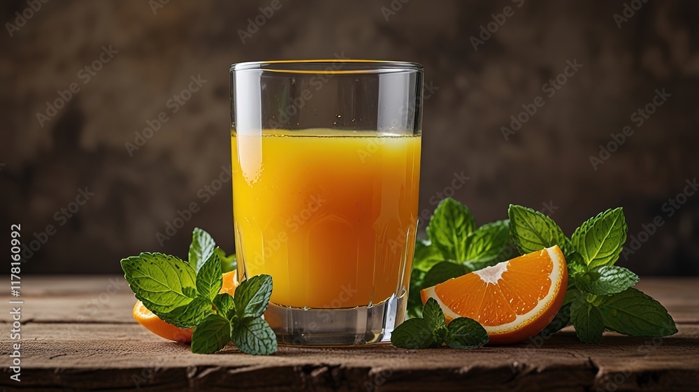 Fototapeta premium Orange juice with mint on wooden table