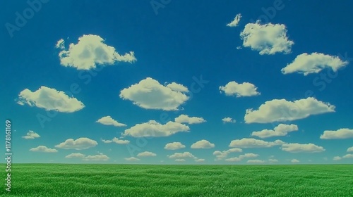 Vibrant green field under a clear blue sky with scattered fluffy white clouds.
