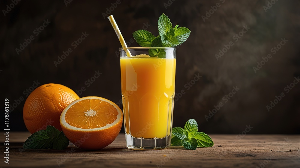 Fototapeta premium Orange juice with mint on wooden table