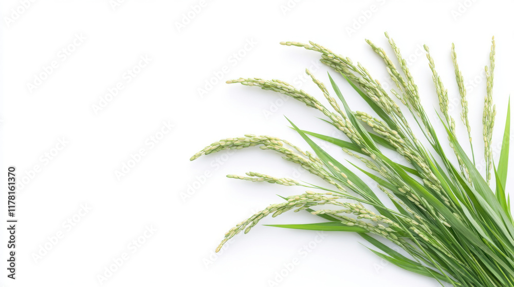 Fresh rice plants with green grains and vibrant leaves create natural look Fresh rice plants with green grains and vibrant leaves create natural look