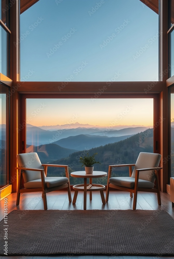 Fototapeta premium Modern Cozy Living Space with Scenic Mountain View at Sunset