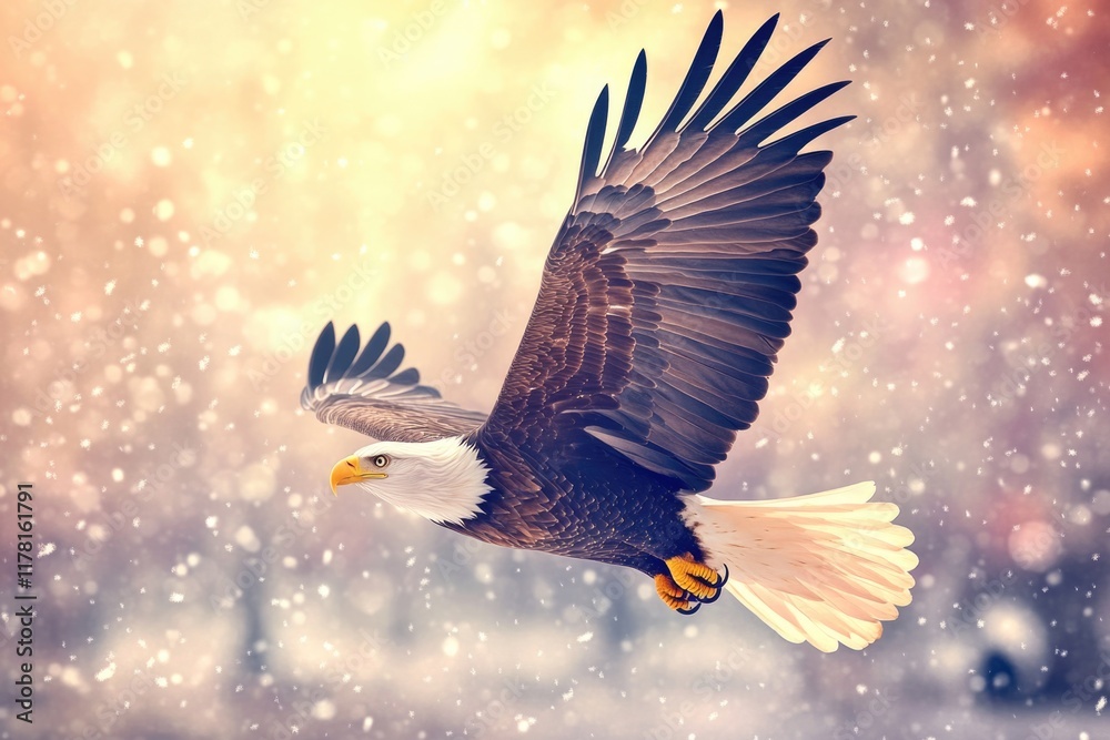 Obraz premium A majestic bald eagle in flight over a winter wonderland scene, perfect for use as a symbol of freedom or national pride
