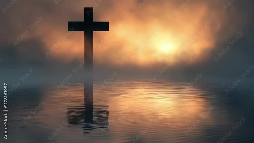 Cross is in the water with a sun in the background. 4K Video Cross is in the water with a sun in the background. 4K Video