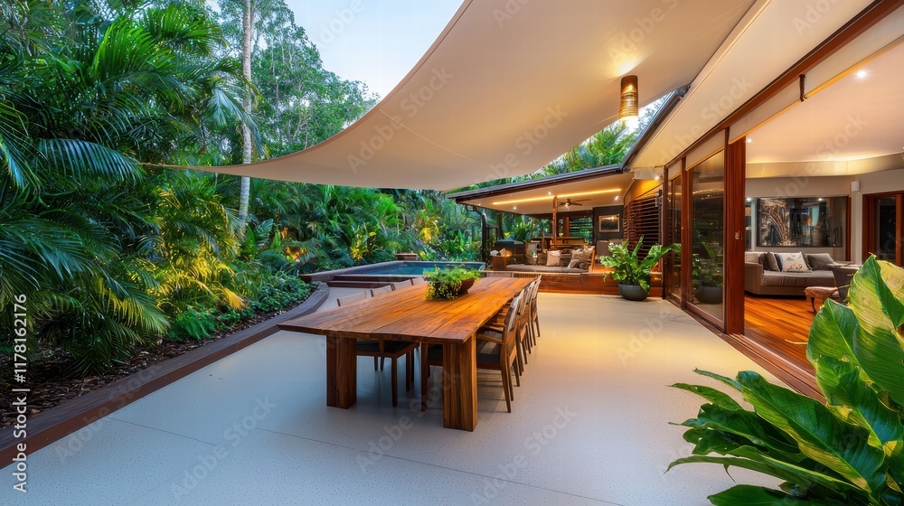 Fototapeta premium A spacious patio featuring a large wooden dining table, a canopy for shade, and lush garden greenery surrounding it.