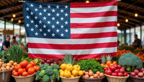 A large american flag hanging over a display of fresh fruits and vegetables at a farmers market