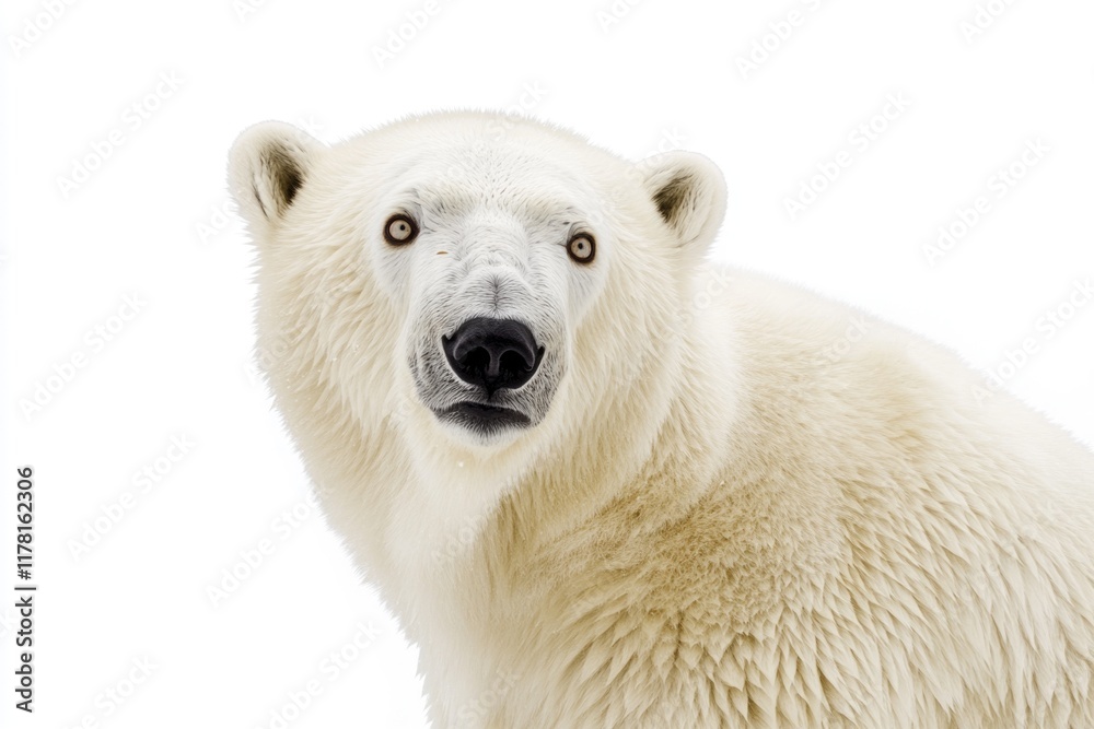 Fototapeta premium Close-up shot of a polar bear's face on a plain white background