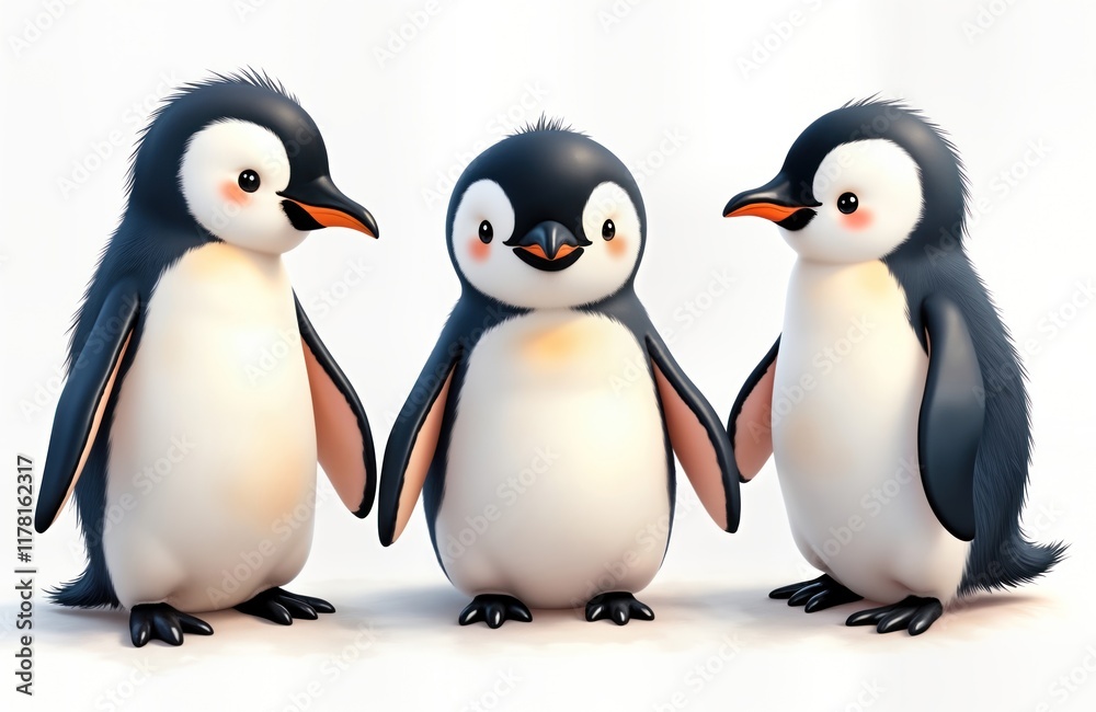 Obraz premium Three cute baby penguins stand close together on white background. Look friendly, adorable. Illustration style watercolor, cartoon. Penguins isolated, seem happy. Appear to in daytime scene. Setting