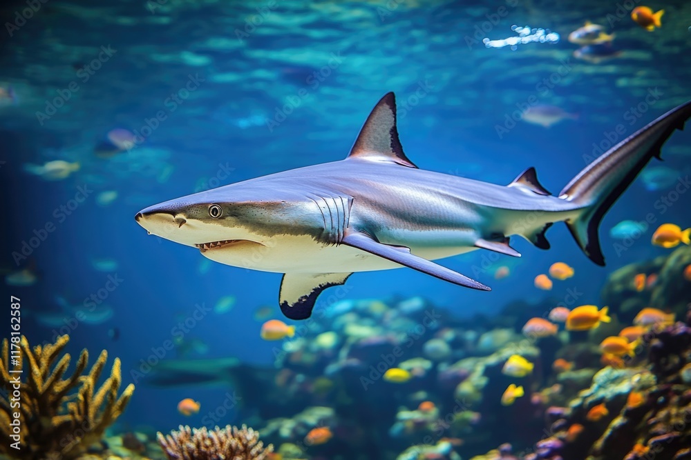 A shark swims among schools of colorful fish in a large aquarium A shark swims among schools of colorful fish in a large aquarium