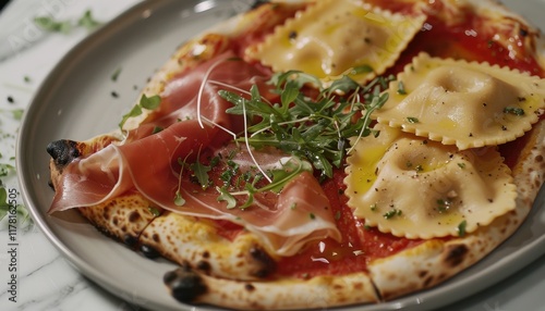 Elegant Italian Feast: Prosciutto pizza, ravioli, micro herbs, marble setting. photo