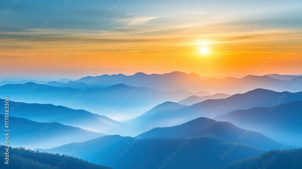 A stunning view of the Blue Mountains with layers of hazy blue ridges stretching into the horizon under a golden sunset. A stunning view of the Blue Mountains with layers of hazy blue ridges stretching into the horizon under a golden sunset.