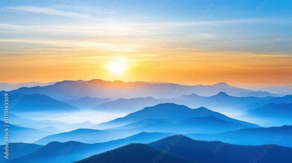 Fototapeta premium A stunning view of the Blue Mountains with layers of hazy blue ridges stretching into the horizon under a golden sunset.