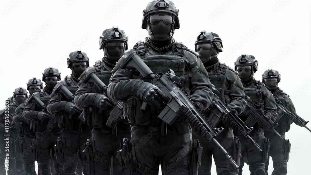 Group of soldiers stand in formation, all wearing black and holding guns. 4K Video Group of soldiers stand in formation, all wearing black and holding guns. 4K Video