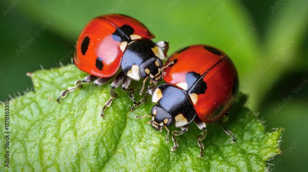Obraz premium Two insects on a green leaf, red and black in color