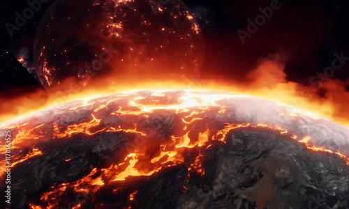 Fiery Planet, Cosmic Inferno: A burning world consumed by lava and fire under a fiery celestial body