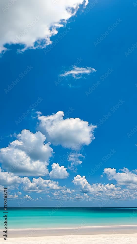 Clear blue sky with fluffy clouds over a tranquil ocean shore during daytime Clear blue sky with fluffy clouds over a tranquil ocean shore during daytime
