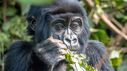 Close-up view of a gorilla munching on leaves, great for nature or wildlife imagery photo